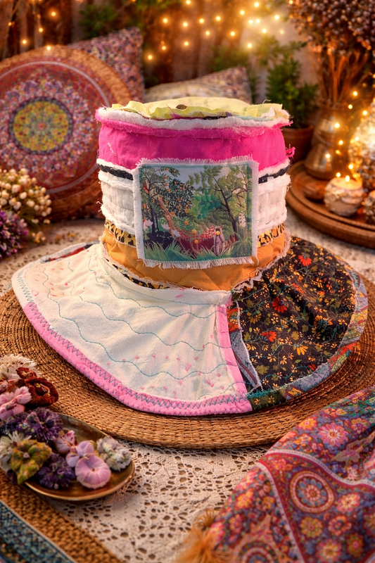 Dorothy Jean Reversible Patchwork Hat – Frayed Jungle Monkey Patch – Moldable Brim Boho Bucket Hat (Size Small)