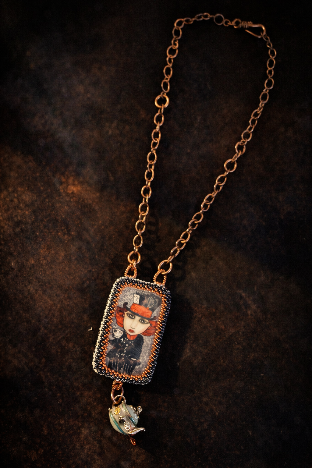 Mad Hatter Tea Party Beaded Necklace – Hand-Embroidered Whimsical Statement (17”)