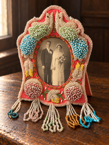 Vintage Beaded Picture Frame with Original Wedding Photograph