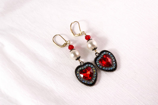 Scarlet Heart Pearl Drop Earrings - Valentine Sparkle
