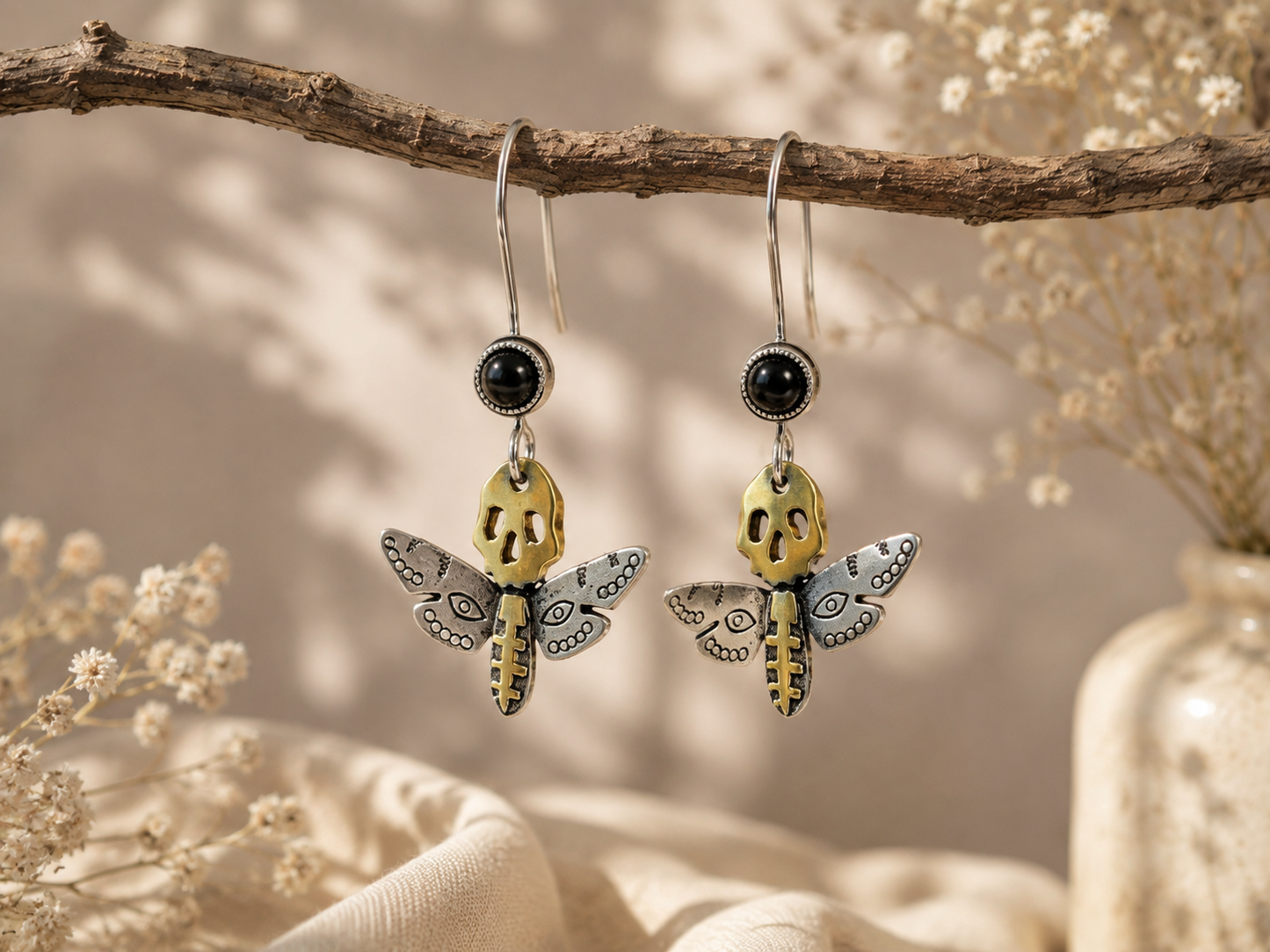 Death’s Head Moth Earrings with Black Cabochons | Fabulous Firefly