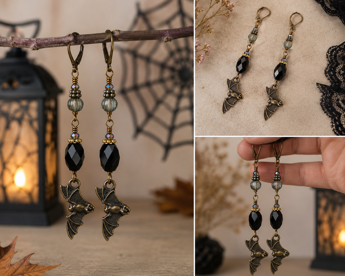 Handmade Mixed Metal Bat Earrings with 24 Swarovski Crystals