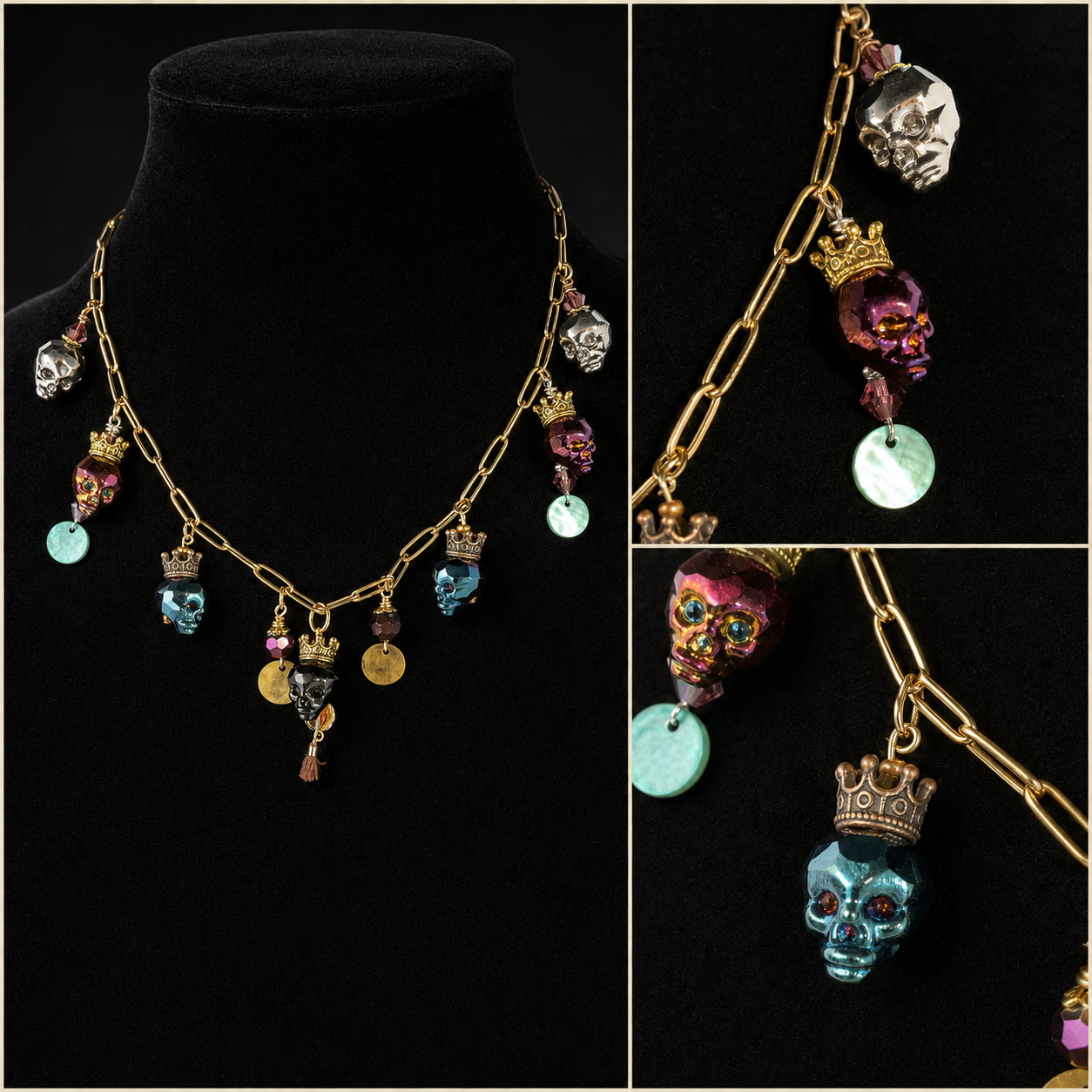 Swarovski Crystal Skull Necklace with Crowns
