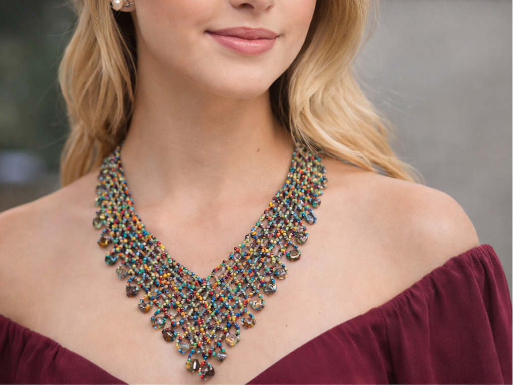 Confetti Cascade Vintage Beaded Net Necklace with Crystal Fringe