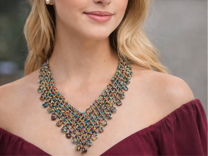 Confetti Cascade Vintage Beaded Net Necklace with Crystal Fringe