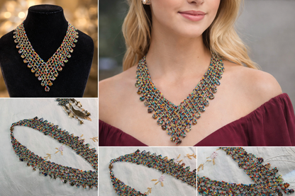 Confetti Cascade Vintage Beaded Net Necklace with Crystal Fringe