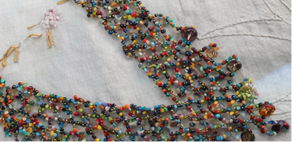 Confetti Cascade Vintage Beaded Net Necklace with Crystal Fringe