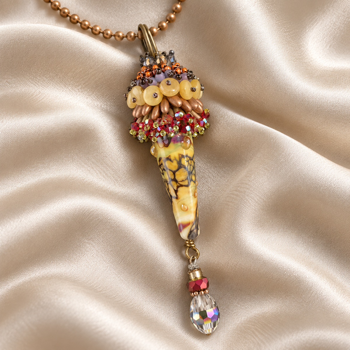 Hand-Blown Glass Pendant Necklace with Austrian Crystals – 32 Inches