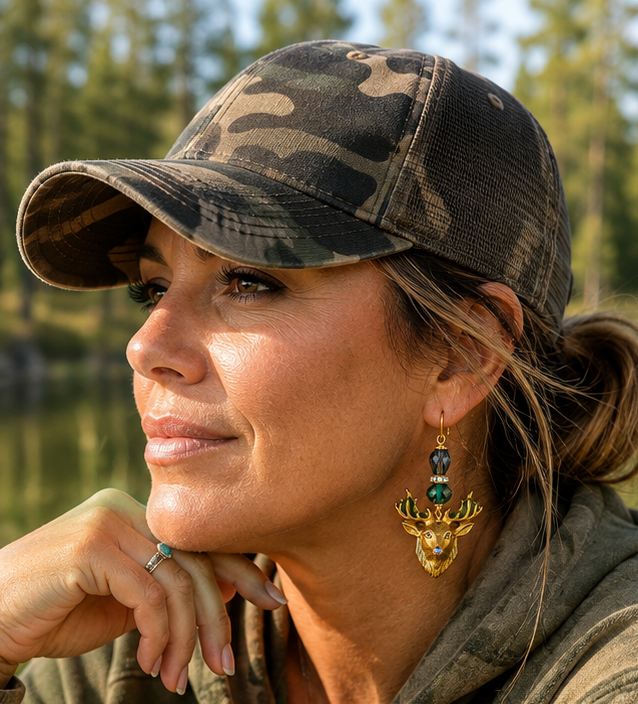 Brass Deer Earrings with Crystal Beads – 2.5 Inch Rustic Dangle Earrings