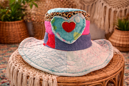 Dorothy Jean Patchwork Heart Hat – Size Small Reversible Boho Bucket Hat with Appliqué Heart