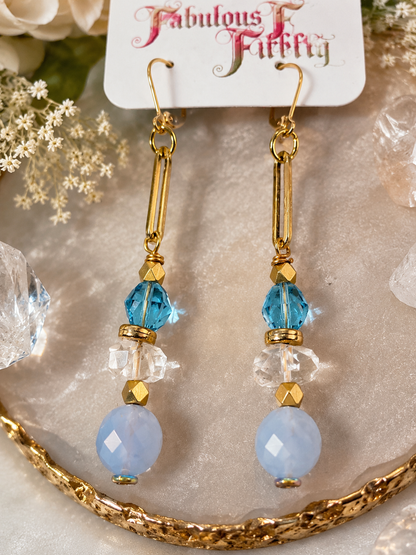 Gold Paperclip Chain Earrings with Swarovski Crystals, Vintage Crystals and Soft Blue Faceted Beads