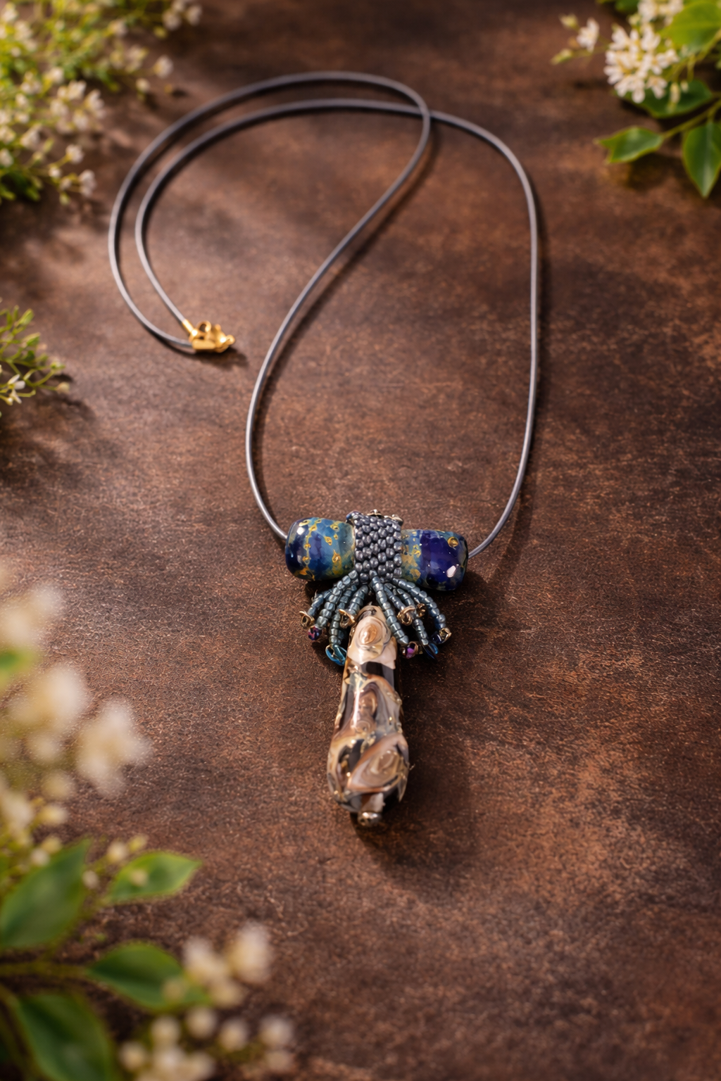 Starry Night Glass Art Pendant Necklace – Hand Blown Beads, Peyote Stitch Fringe, Blue Leather Chain, 18” Boho Artisan Necklace