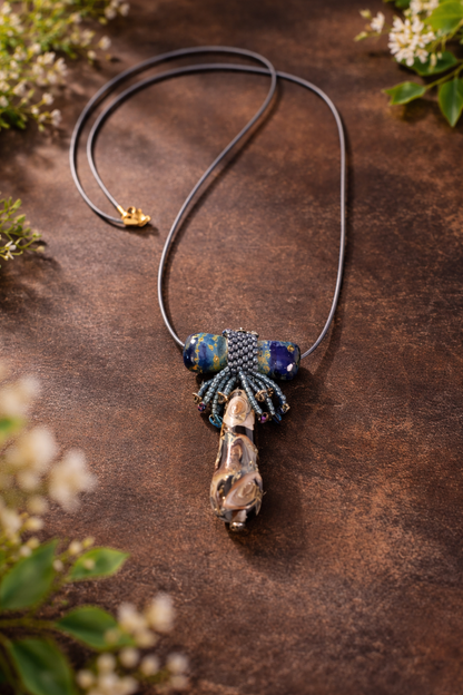 Starry Night Glass Art Pendant Necklace – Hand Blown Beads, Peyote Stitch Fringe, Blue Leather Chain, 18” Boho Artisan Necklace