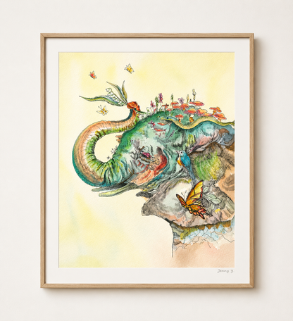Original Watercolor and Pen Painting – The Forest Keeper Fantasy Nature Artwork 12.5 x 10.5 Inches