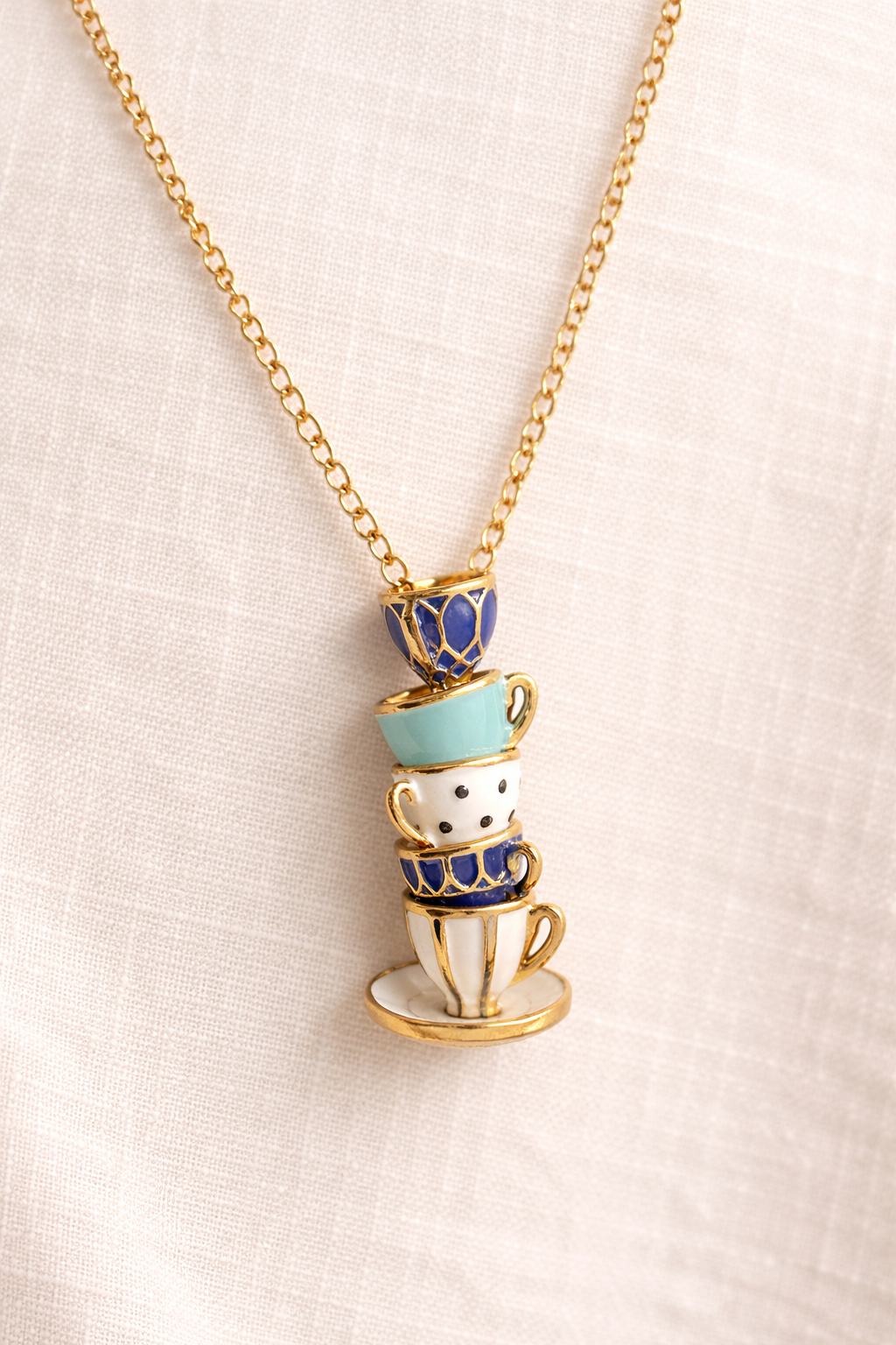 Whimsical Stacked Teacup Necklace – Enamel Tea Cup Pendant on 24” Gold Chain