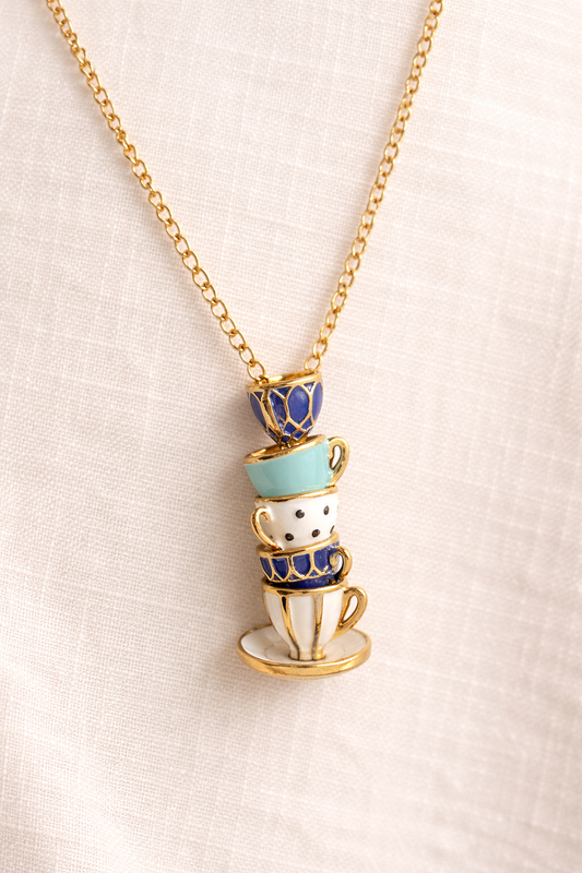 Whimsical Stacked Teacup Necklace – Enamel Tea Cup Pendant on 24” Gold Chain