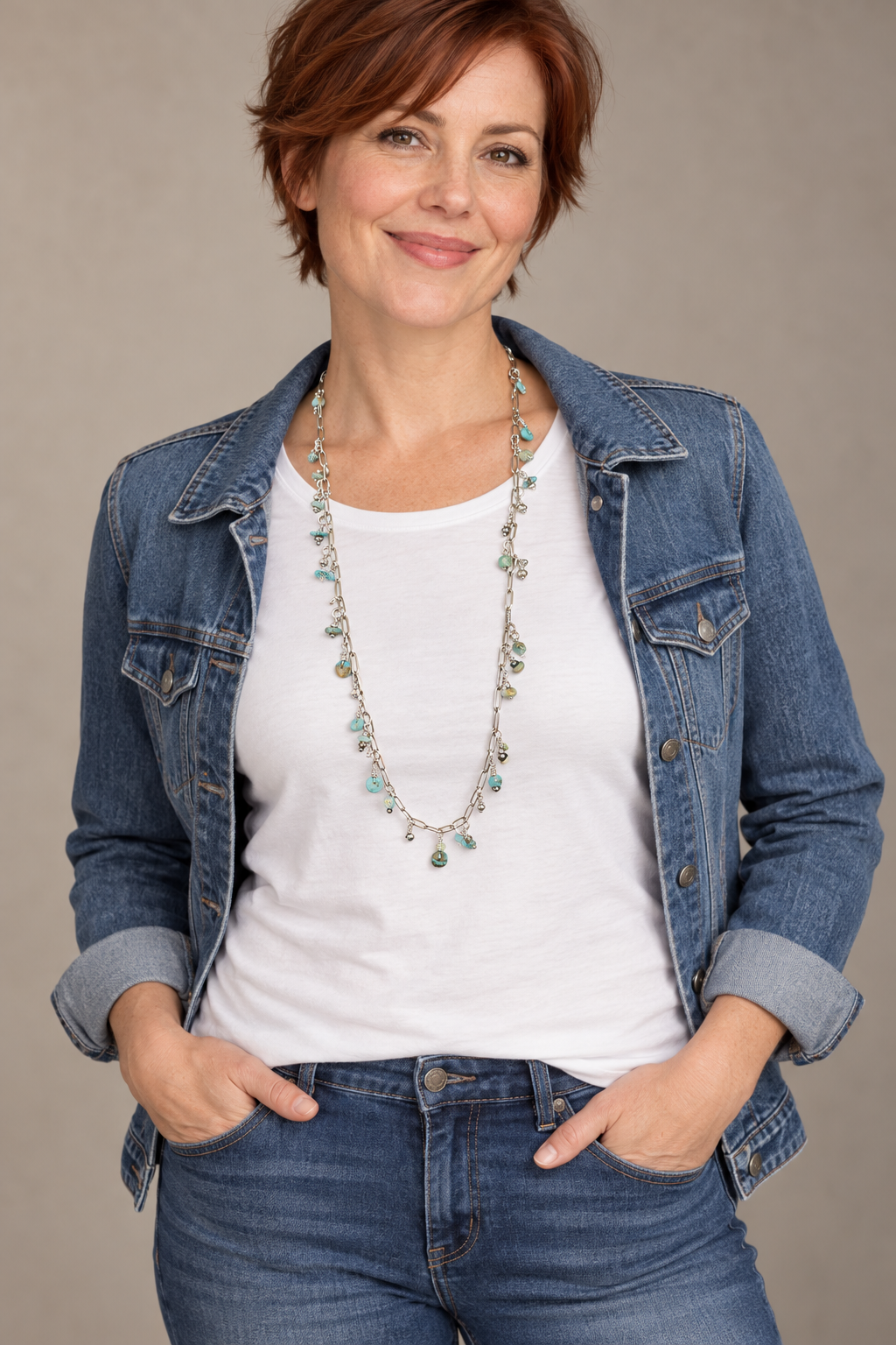 Turquoise & Metal Bead Paperclip Chain Necklace – 28 Inches