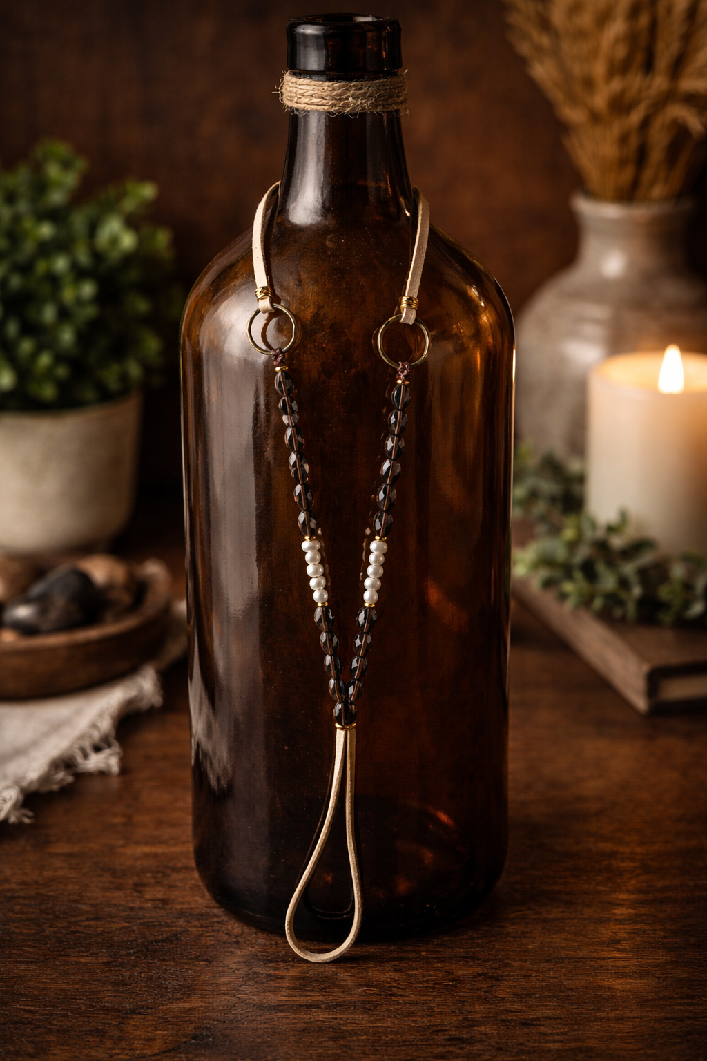 Smoky Crystal & Pearl Deerskin Lariat Necklace – Rustic Luxe Statement Drop
