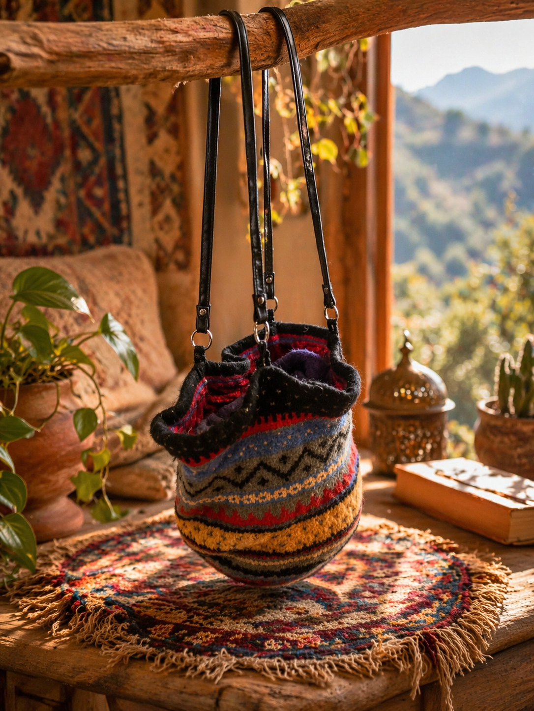 Bohemian Knit Bucket Bag – Wool Blend Shoulder Bag with Red Lined Interior