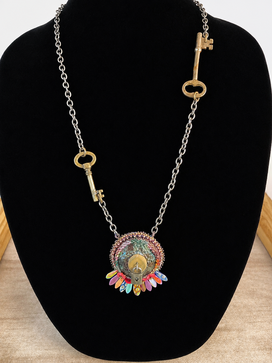 Keeper of the Secrets Handmade Necklace | Raku Clay Dagger Beads, Skeleton Keys & Padlock