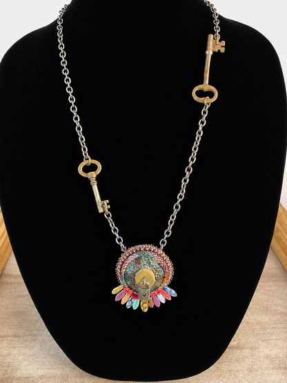 Keeper of the Secrets Handmade Necklace | Raku Clay Dagger Beads, Skeleton Keys & Padlock