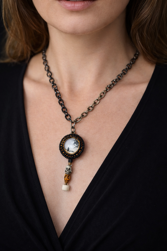 Midnight Relic Necklace – Hand Beaded Pendant with Skull Accent & Mixed Metal Chain