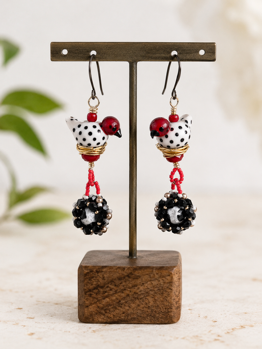 Hand Blown Glass Bird Earrings | Black & White Beaded Dangle Earrings | Artisan Wire Nest Jewelry
