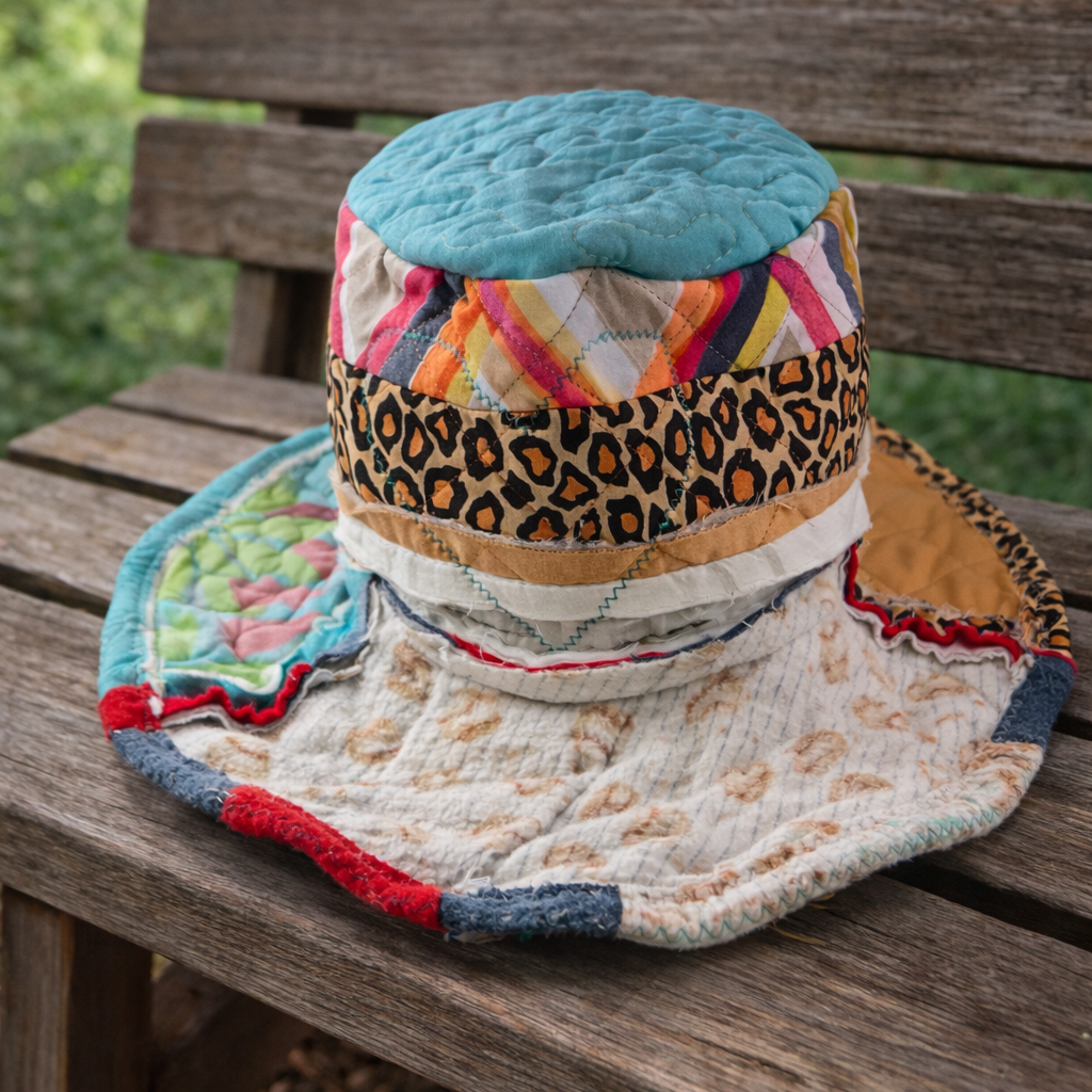 Dorothy Jean Reversible Quilt Hat – Leopard Band & Bohemian Patchwork (medium)