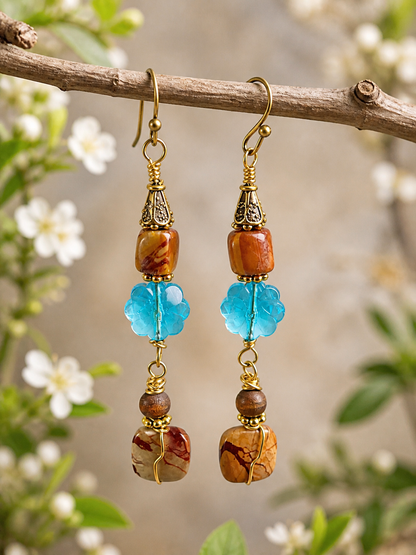 Desert Bloom Boho Drop Earrings – Turquoise Crystal & Jasper Statement Dangles