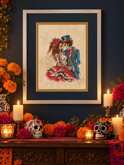 Married, Buried, Still Dancing – Watercolor, Day of the Dead Pen & Ink Painting