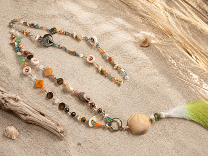 Hand-Knotted Silk Shell Necklace with Removable Tassel Pendant | Convertible Coastal Statement Necklace