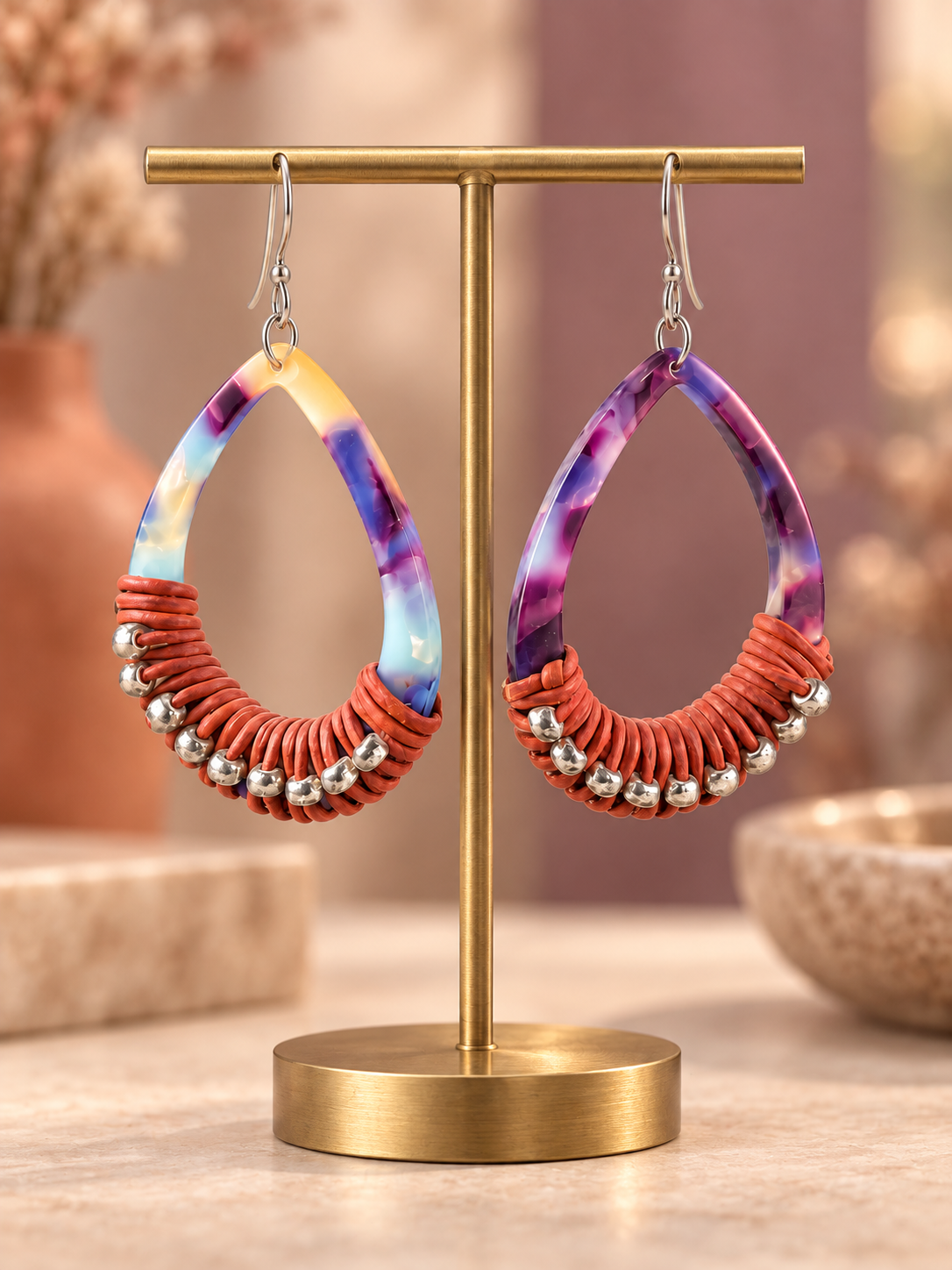 Marbled Resin, Leather and Silver Bead Drop Earrings