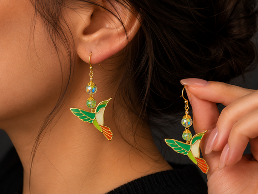 Hummingbird Dreams Enamel Earrings with Vintage Crystal Accents