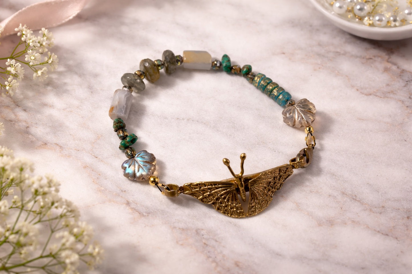 Bracelet - Butterfly and Czech, Quartz, Hematite 8"