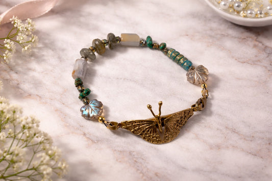 Bracelet - Butterfly and Czech, Quartz, Hematite 8"