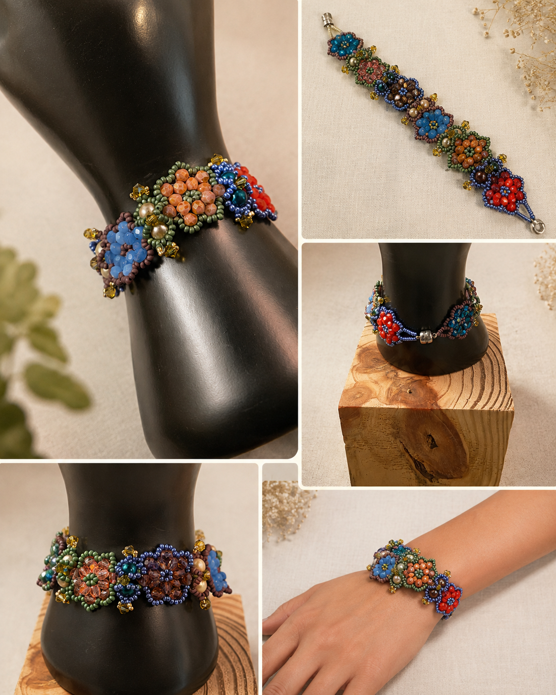 Colorful Handmade Floral Beaded Bracelet with Czech Glass, Crystals & Seed Beads