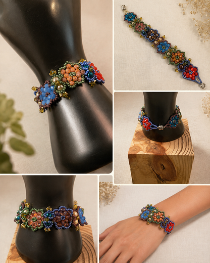 Colorful Handmade Floral Beaded Bracelet with Czech Glass, Crystals & Seed Beads