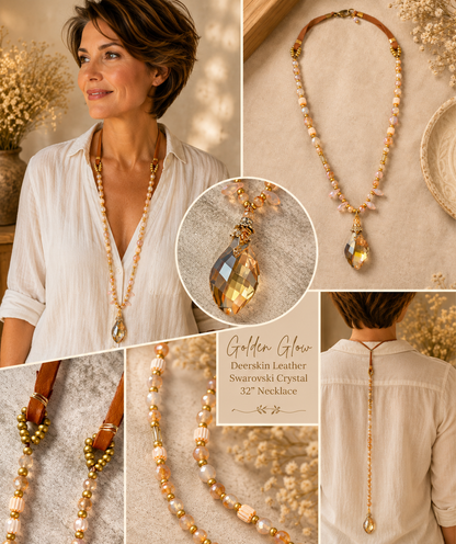 Handmade Deerskin Leather Necklace with Swarovski Crystal Pendant & Amber Crystal Accent
