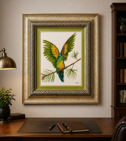 “Wings of Arrival” – Watercolor & Ink Parrot in Ornate Frame