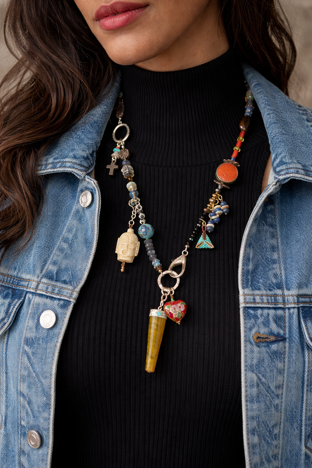 Sacred Wanderer Charm Necklace – Tiger Eye Talisman & Artisan Bead Medley