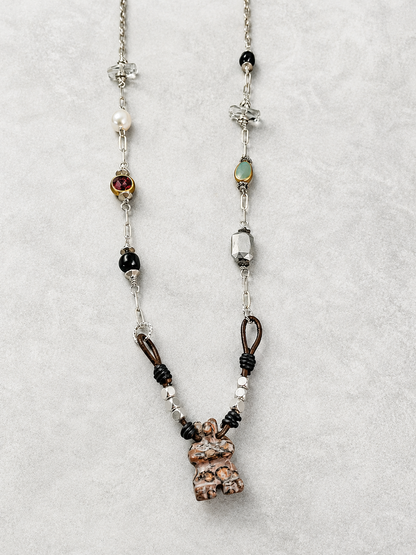 Handmade Courage Bear Necklace | Paperclip Chain, Swarovski Crystals, Pearls & Leather | 32 Inch Necklace