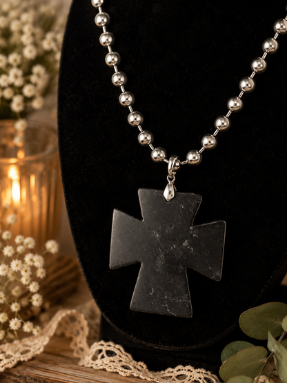 Black Stone Cross Pendant Necklace | Rhinestone Pearl Cross | 17” Silver Ball Chain | Statement Christian Jewelry