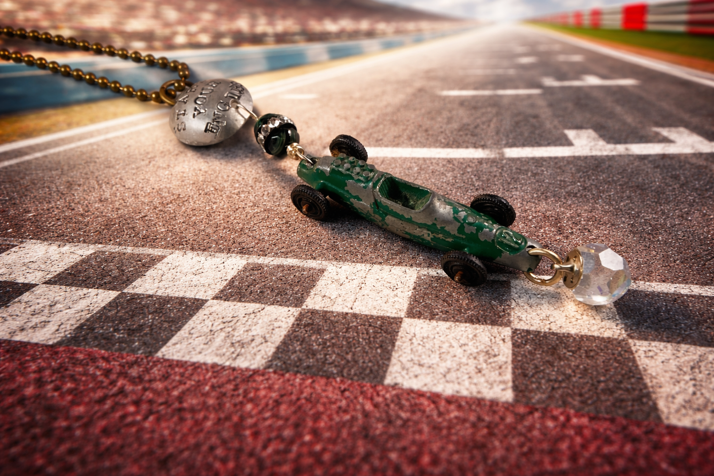 Start Your Engines Vintage Race Car Necklace – Antique Car Charm with Crystal Drop | 20” Bronze Chain