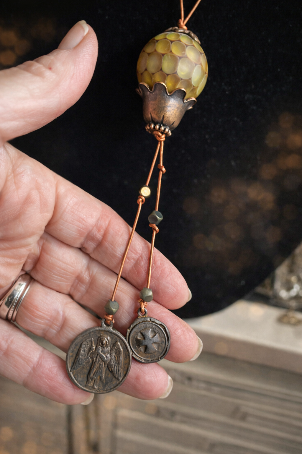 Sacred Ember – Hand Blown Glass & Hammered Cross Statement Necklace