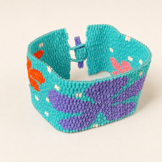 Turquoise Floral Two-Drop Peyote Bracelet – 8-Inch Wrist