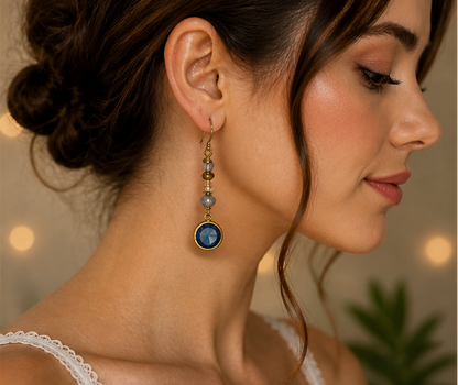 Midnight Blue Crystal Drop Earrings with Vintage Brass Accents