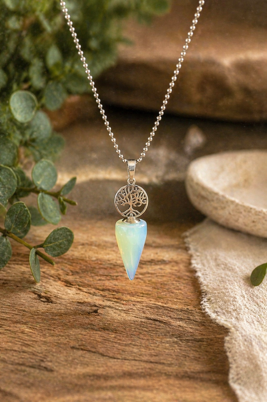 Moonstone Glow Tree of Life Necklace – Opalescent Crystal Pendant on Silver Ball Chain