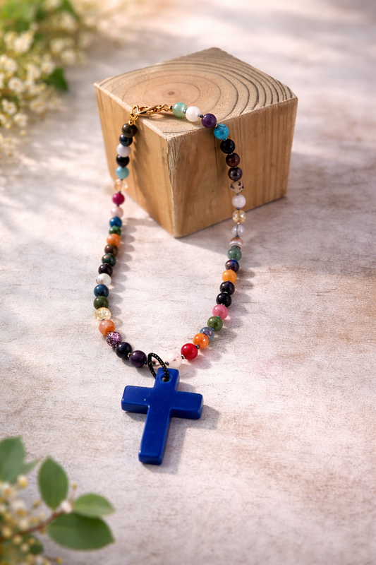 Blue Banded Agate Cross Necklace – Mixed Gemstone Beads, 18” Statement Faith Necklace