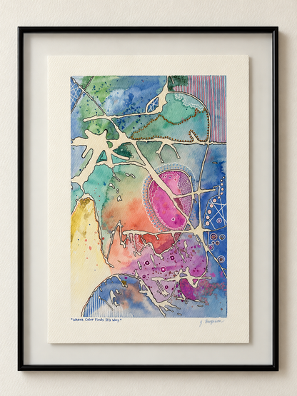 Where Color Finds It's Way - Original Watercolor & Pen Painting, 14" x 19" framed