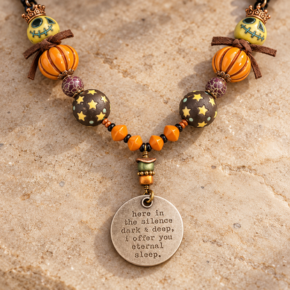 Halloween Skull & Pumpkin Necklace Set with Bat Earrings, 22 Inch